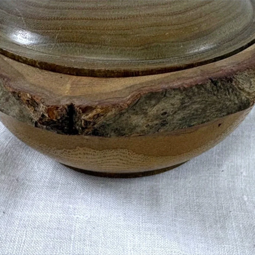 Handmade Live Edge Wood Lidded Bowl Rustic Bark Trim Trinket Dish Brown Natural